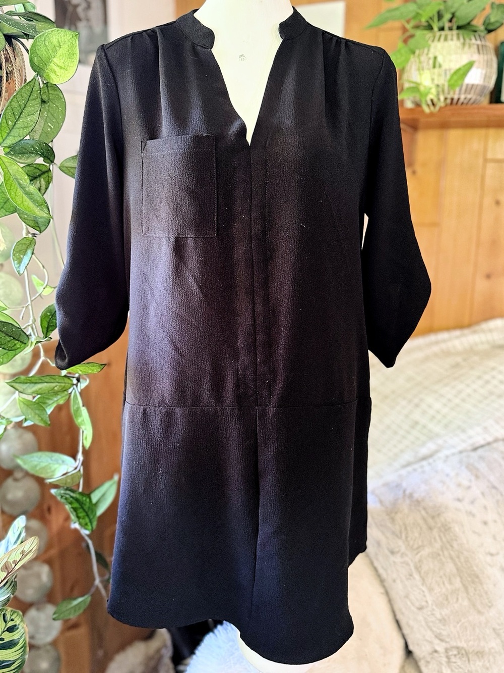 Lush Black Tunic Dress Size Medium Roll Tab Sleeve High Low Shift Mini